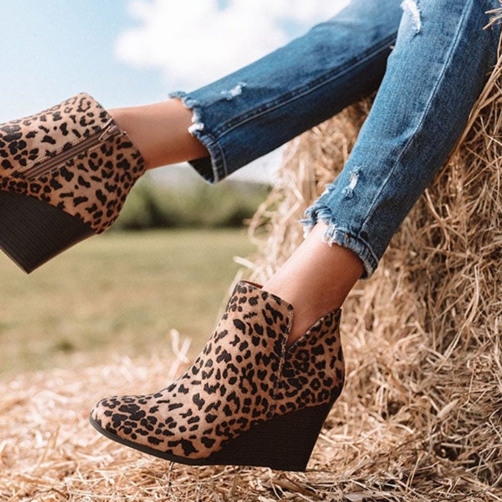 Leopard wedge booties